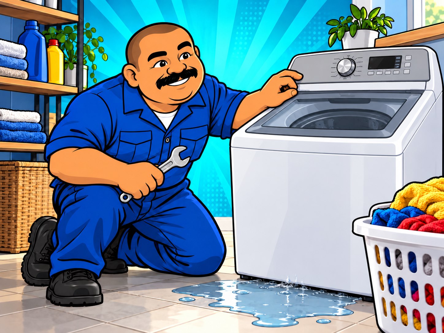 Ilustración del técnico junto a una lavadora de carga superior con una fuga de agua
