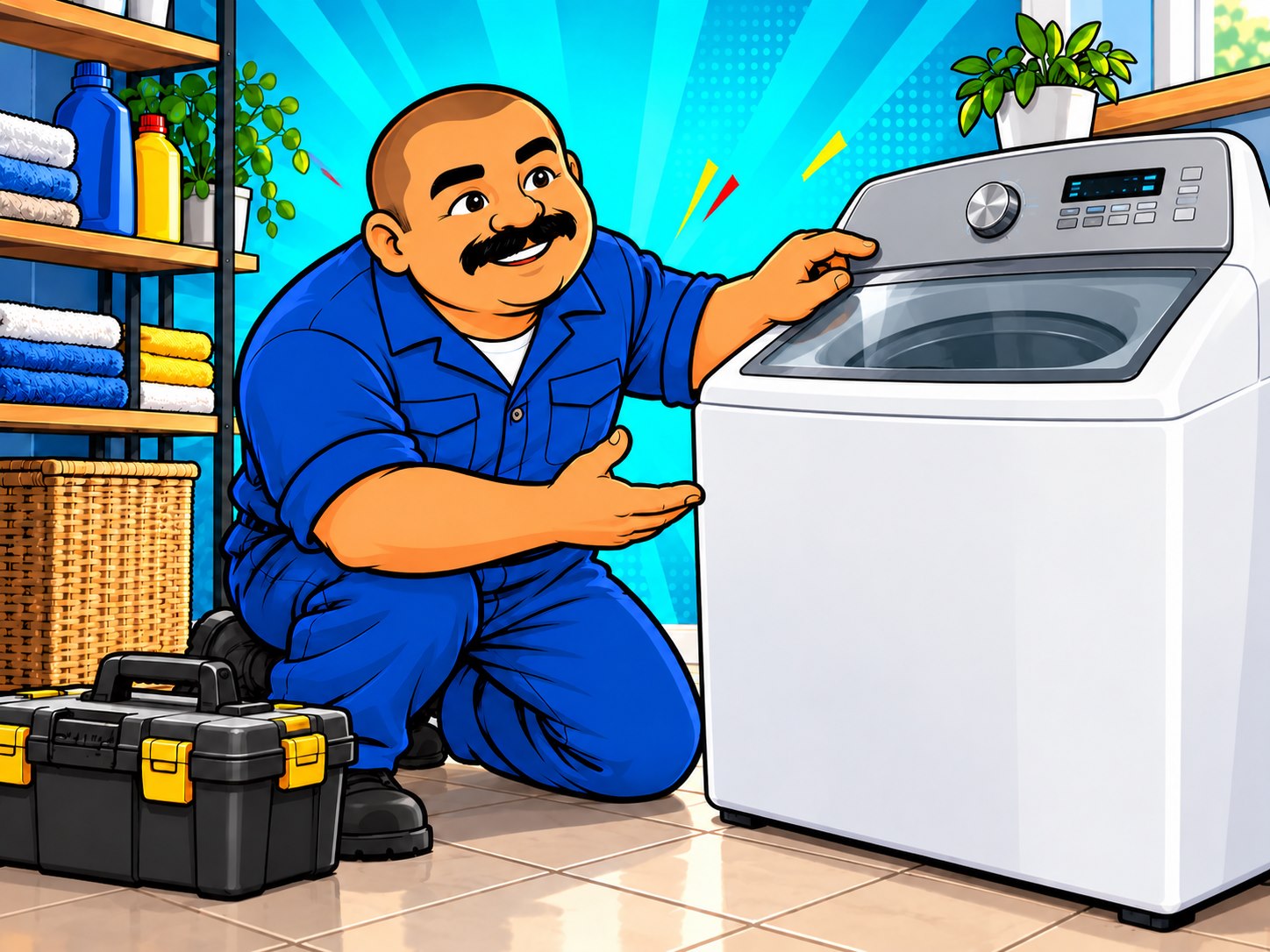 Ilustración del técnico que llega con su caja de herramientas y revisa una lavadora de carga superior en casa