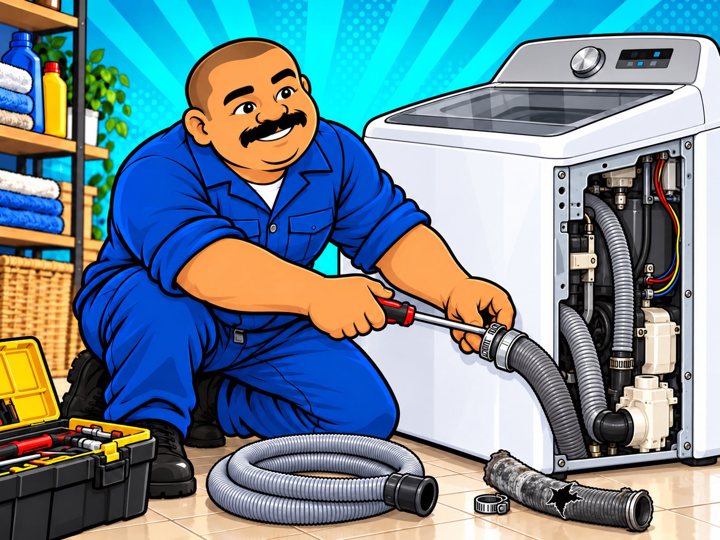 Ilustración del técnico sustituyendo una manguera dañada en una lavadora de carga superior