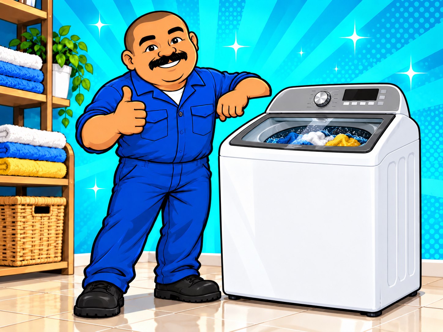 Ilustración del técnico junto a una lavadora de carga superior funcionando y ropa limpia
